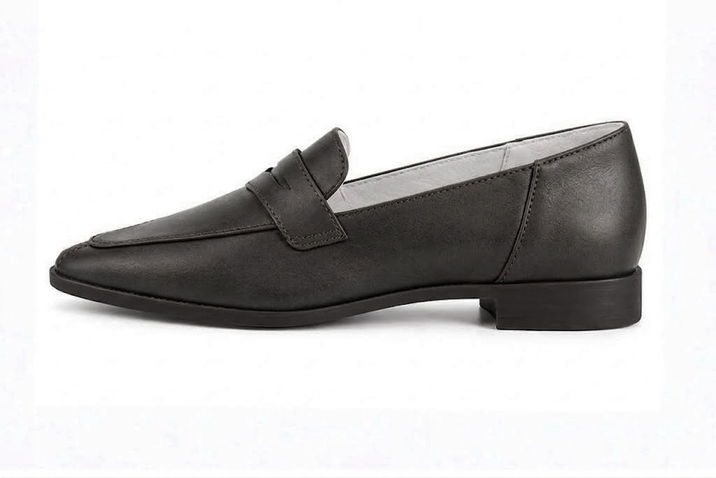 Timeless women's loafers crafted in smooth calfskin, offering clean silhouettes and effortless sophistication for work 
                    and casual wear, in charcoal gray leather with almond toe and chunky rubber lug sole - Florence KOOIJMAN